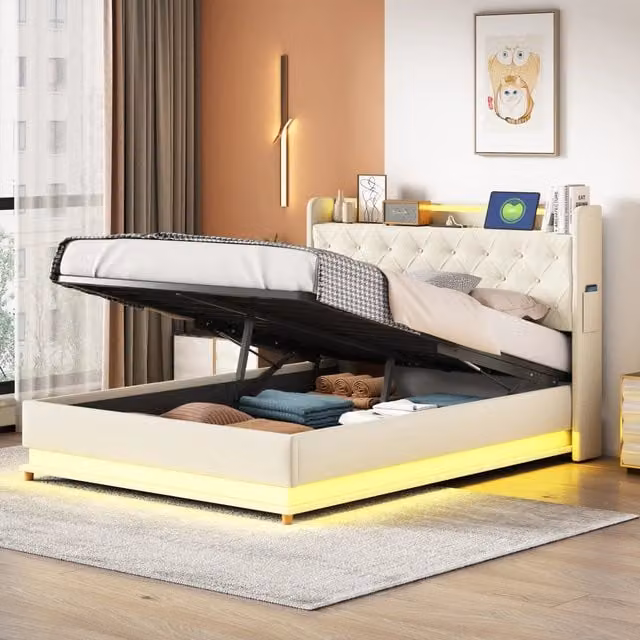 Letto imbottito REDOM beige con vano contenitore idraulico, illuminazione LED e porte USB, L/P/H: 140 x 200 x 113 cm