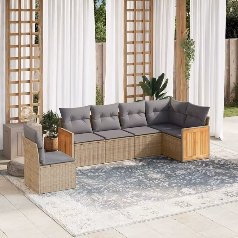 Set Divano da Giardino vidaXL 6 pz a Forma a L in Polyrattan con Cuscini Beige e Struttura in Metallo