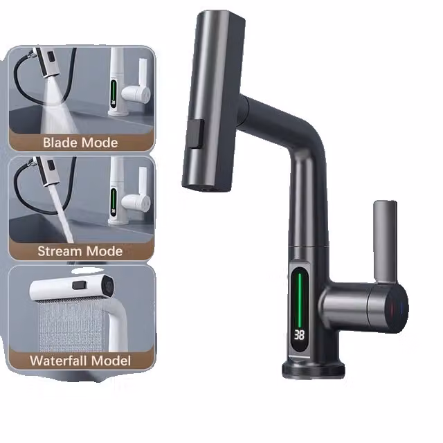 Miscelatore per lavabo, display digitale induttivo, struttura in acciaio inox, grigio canna di fucile