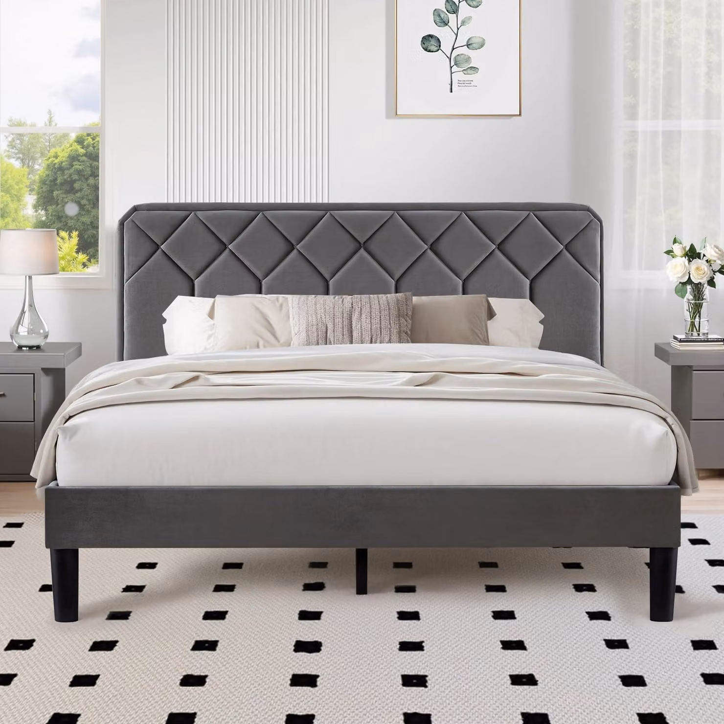 Letto matrimoniale 140x190 cm con rete a doghe, rivestito in velluto, colore grigio