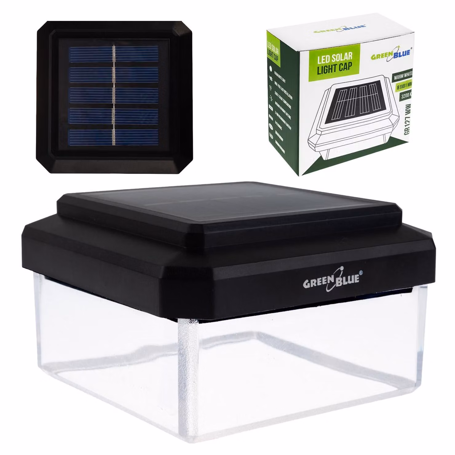 Lampada solare a LED GreenBlue per pali 80 x 80 mm, copertura a busta, 3200 K, GB127 WW