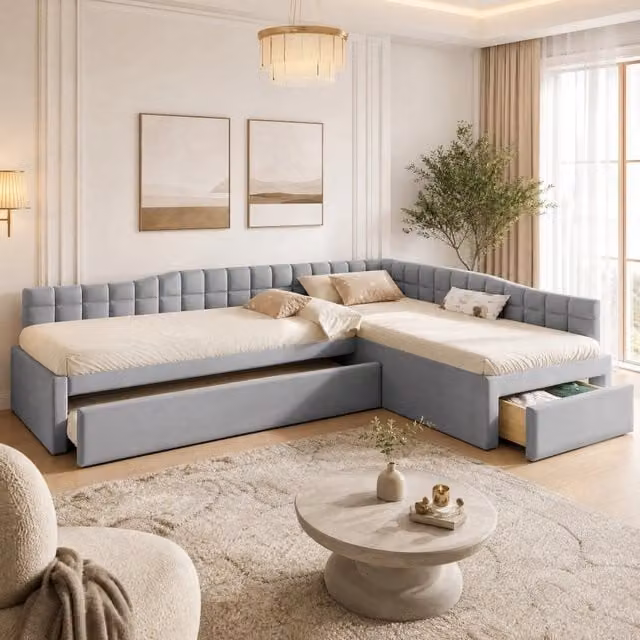 Letto angolare imbottito 90x200 grigio con letto estraibile e cassetti