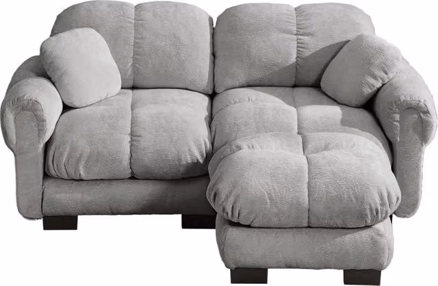 Divano angolare modulare 2 posti in chenille grigio chiaro con pouf mobile e cuscini spessi 190x149x90 cm