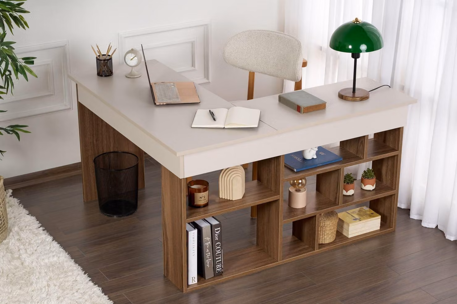 Skye Decor, scrivania moderna in pannello truciolare rivestito al 100% in melamina, 130 x 72 x 120 cm, nei colori Cashmere e Noce | Spessore 18 mm | Ideale per l'ufficio in casa e lo studio, design elegante.