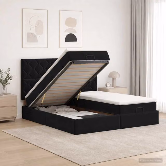 Letto ottomano moderno vidaXL con contenitore a sollevamento e materasso in velluto nero, L/P/H: 203 x 160 x 88 cm – 1
