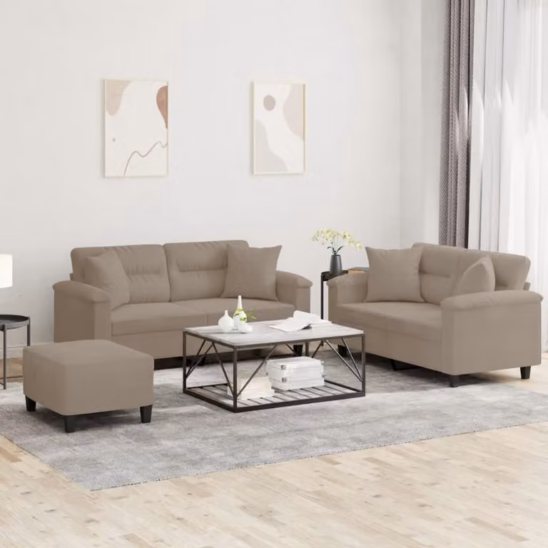 Set di divani 3 pezzi vidaXL in microfibra beige e grigio con cuscini inclusi