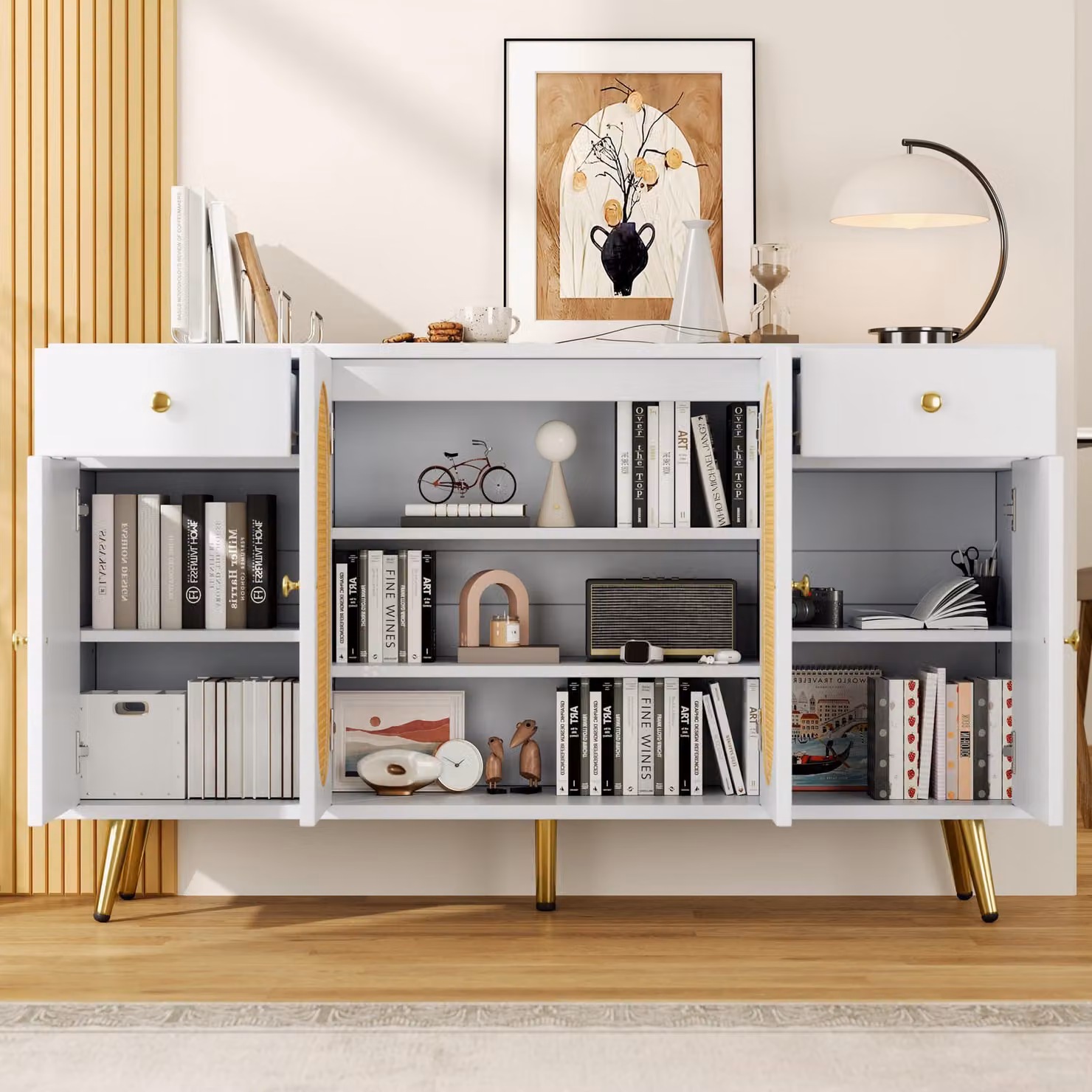 okwish Comò / credenza con cassetti e diversi scomparti, mobile da soggiorno con maniglie dorate e gambe in metallo, sideboard con ripiani regolabili, bianco