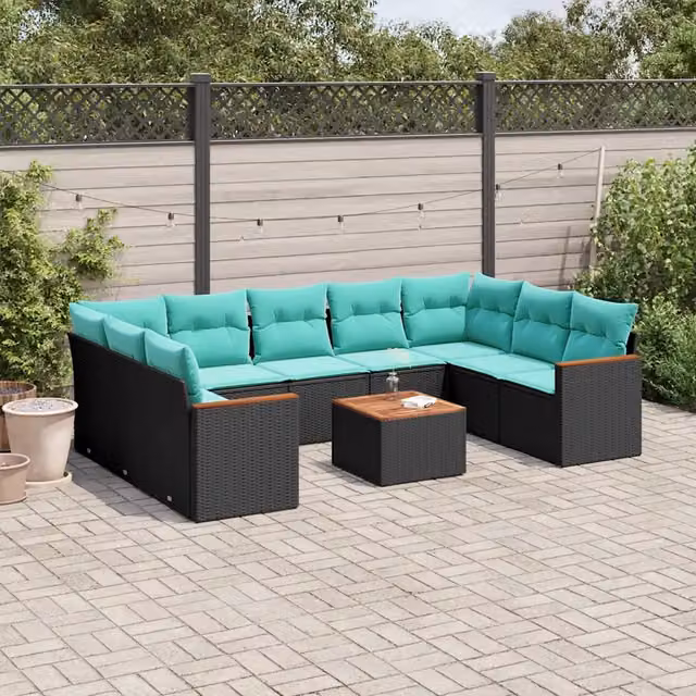 Set Divani da Giardino 10 pz con Cuscini Nero in Polyrattan 3226281