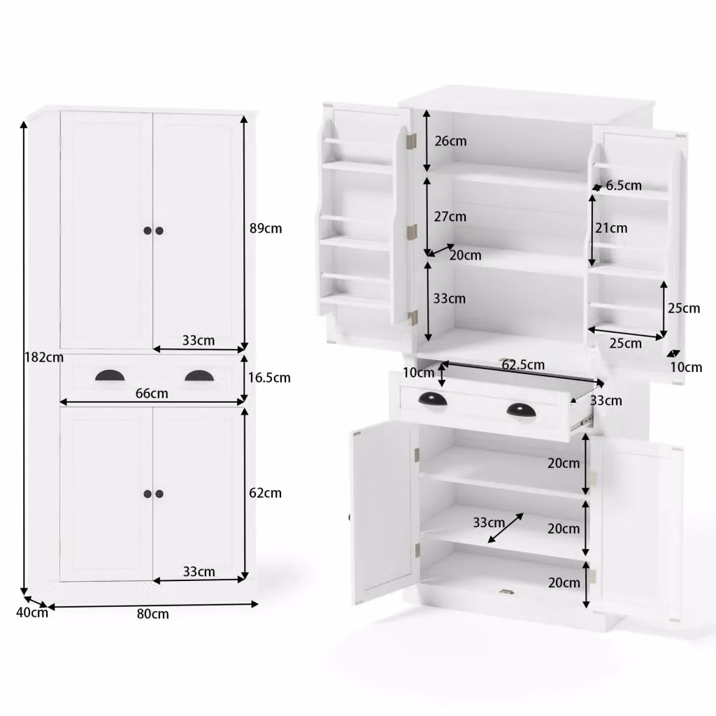 Credenza da cucina Mivray bianca in MDF con 4 ante, cassetto e 4 ripiani interni, L/P/H: 80 x 40 x 182 cm – 2