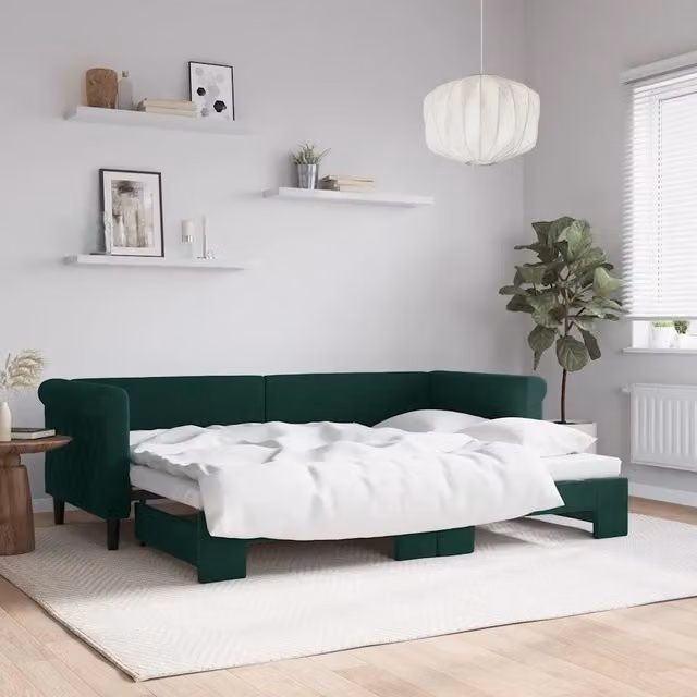 Divano Letto con Letto Estraibile vidaXL in Velluto Verde con Funzione Notte e Cassetto, L/P/H: 229 x 80 x 68 cm