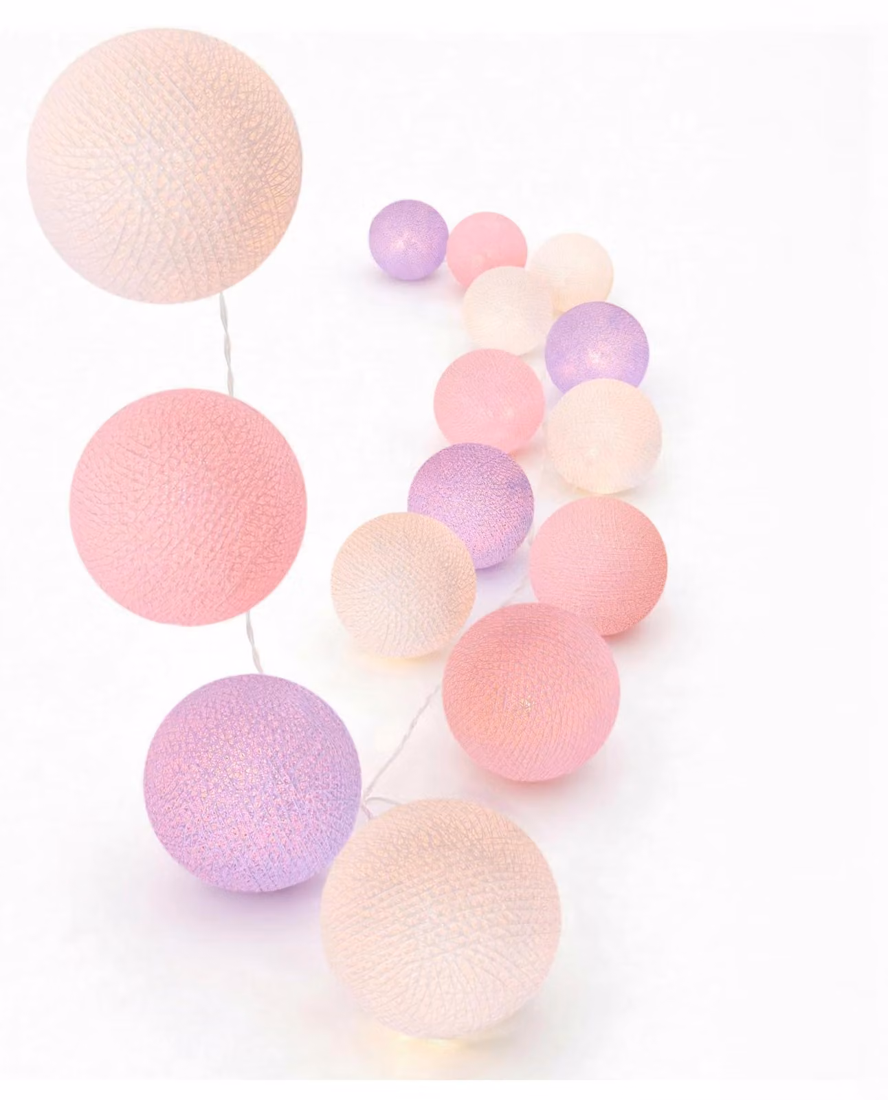 Catena luminosa a LED con 20 palline in cotone, nei colori bianco, rosa e lilla, con timer e dimmer