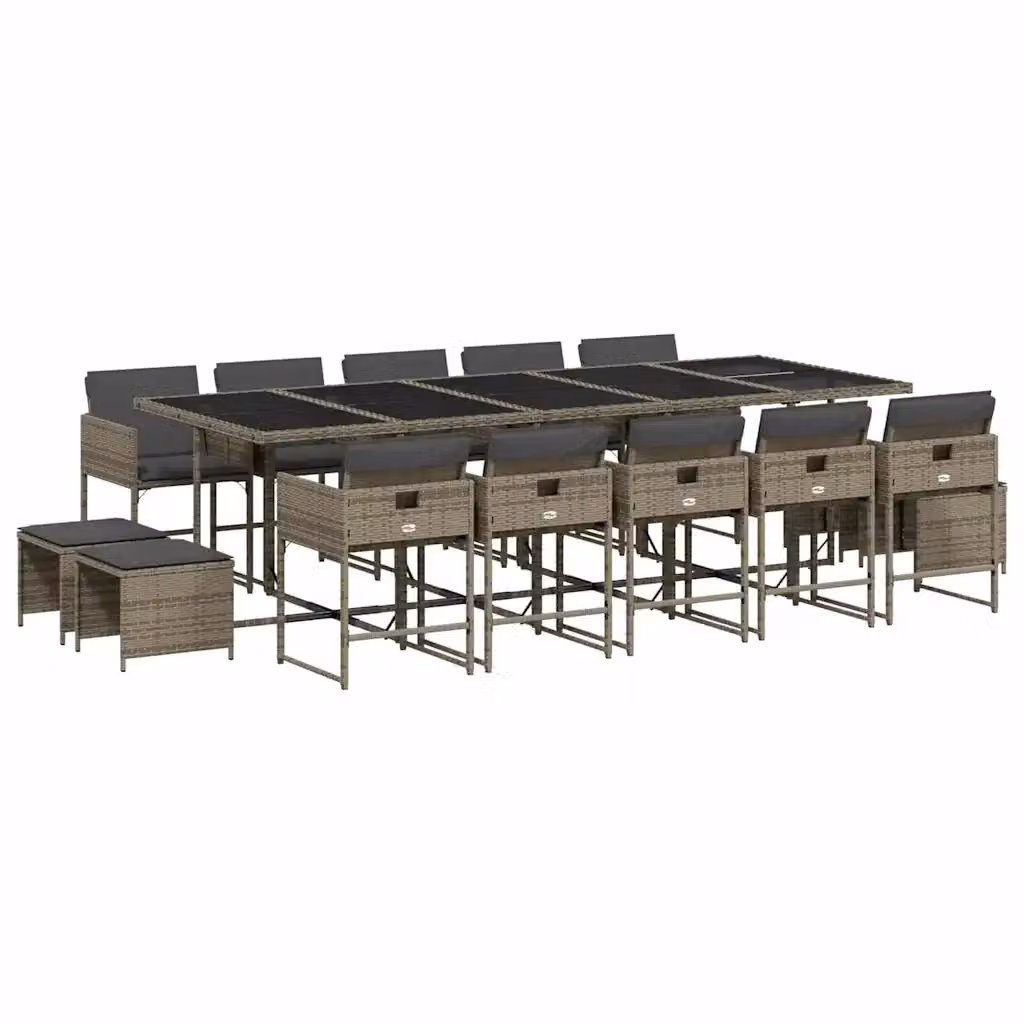 Set da pranzo da giardino vidaXL in polyrattan grigio e nero con 15 pezzi e tavolo in vetro rettangolare – 2