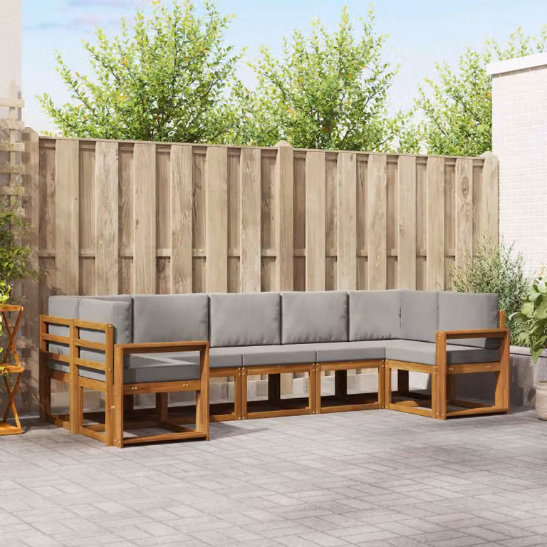 Set di divani da esterno vidaXL 7 pz in legno di acacia con cuscini, forma a L, marrone e grigio