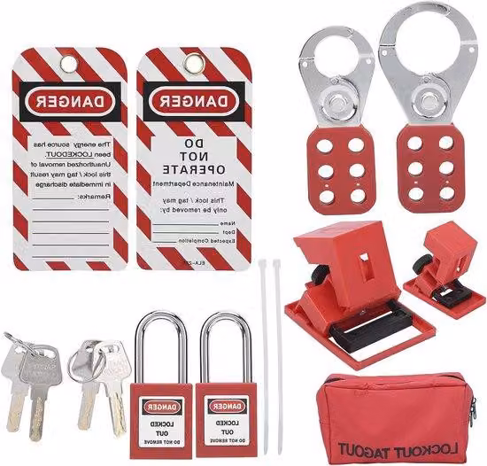Set di chiavi di sicurezza con 4 chiavi, da 25 mm e 38 mm, con morsetti di sicurezza e cartellino di segnalazione per sistemi elettrici di lockout-tagout