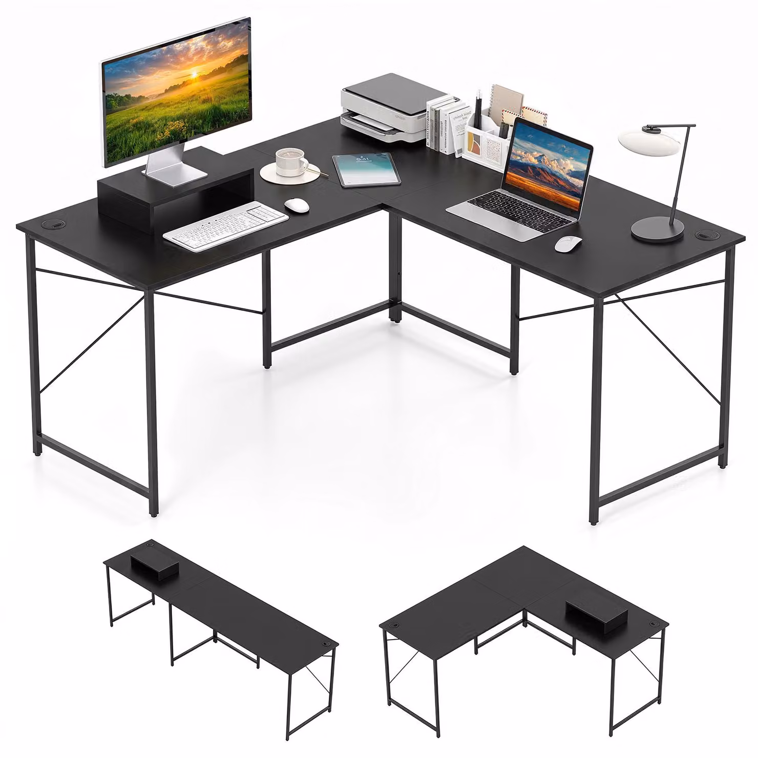 Scrivania a forma di L, scrivania d'angolo reversibile, scrivania d'angolo con fori per cavi e supporto CPU/monitor rimovibile, scrivania per computer da gaming, scrivania da ufficio
