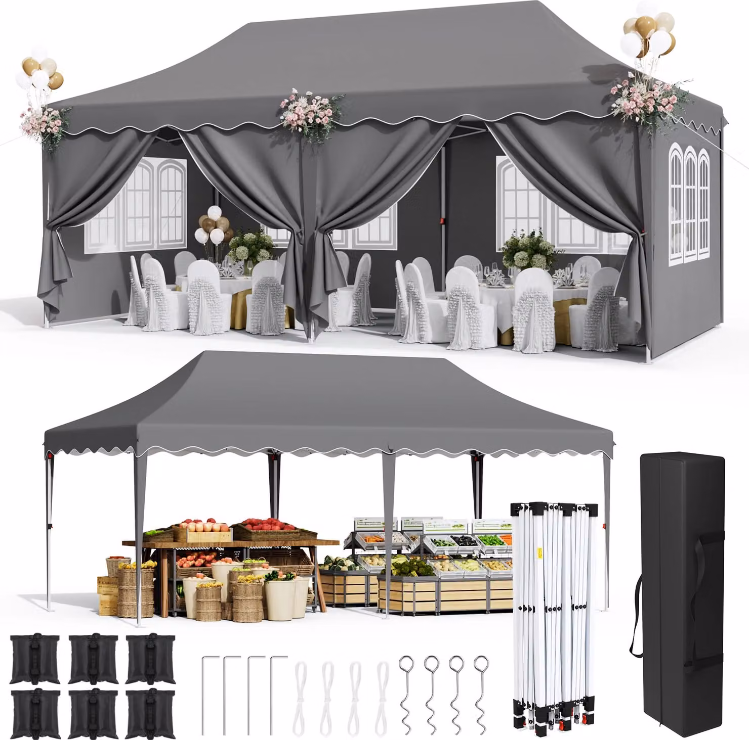 Tenda a padiglione pop-up, impermeabile, protezione UV, robusta struttura in alluminio, grigio scuro