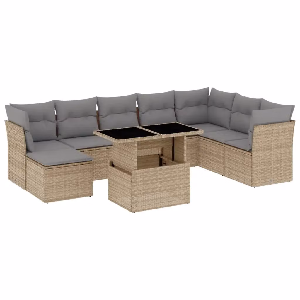 vidaXL Set Divano da Giardino 9 pz a Forma a L con Cuscini Beige e Tavolino in Vetro – 2