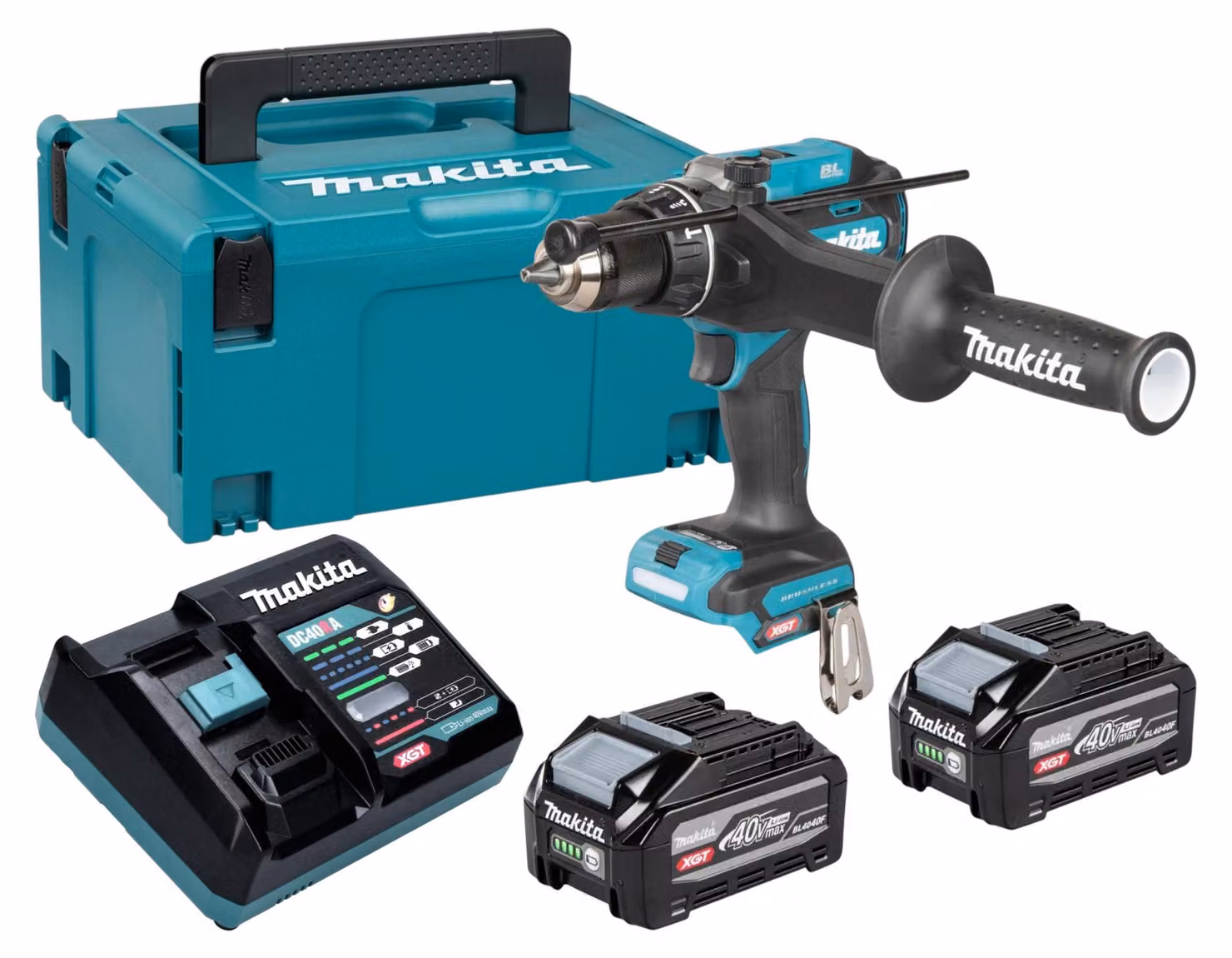 Trapano avvitatore a percussione a batteria Makita HP 003 GU201 40 V max. 180 Nm Brushless + 2 batterie da 4,0 Ah + caricabatterie + Makpac
