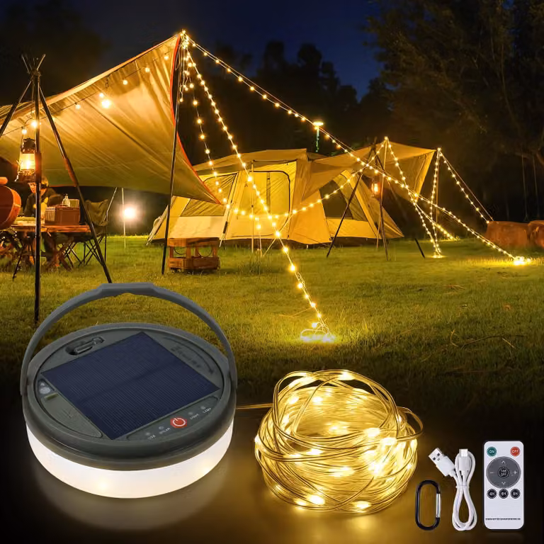 Catena luminosa da campeggio, 13 metri, 160 LED, alimentazione solare e USB, arrotolabile