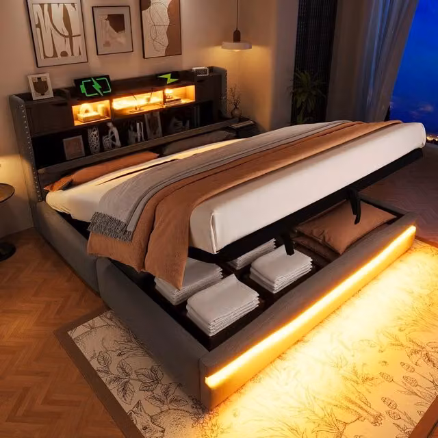 Letto Imbottito Contenitore con LED e USB ¨C Xylo ¨C Grigio 180x200