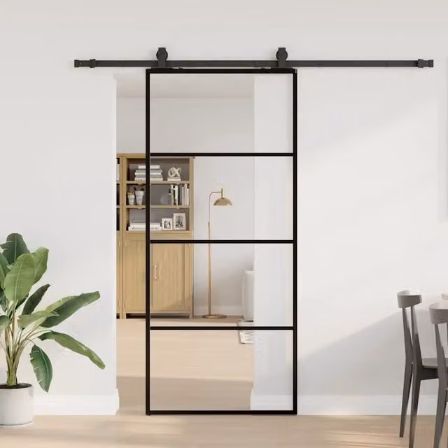 Porta Scorrevole Moderna VIDAXL in Vetro Trasparente con Telaio in Alluminio Nero L: 90 cm, H: 205 cm