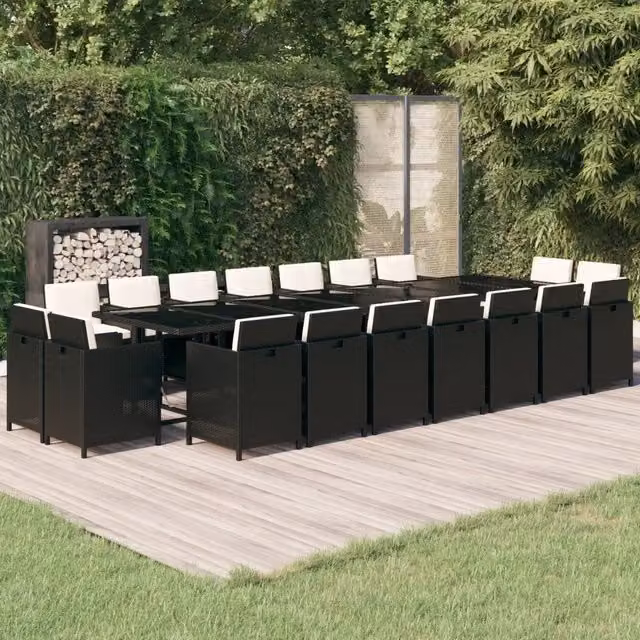 Set da pranzo da giardino vidaXL in polyrattan nero e bianco con cuscini e tavolo in vetro, 19 pezzi