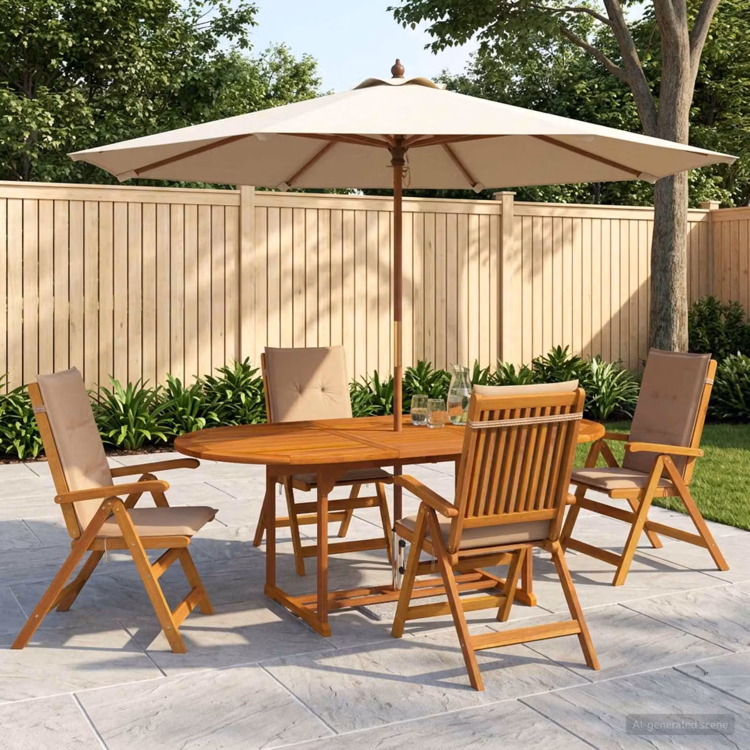 Set da pranzo da giardino vidaXL in legno di acacia naturale composto da 5 pezzi con tavolo rotondo e sedie beige e marroni