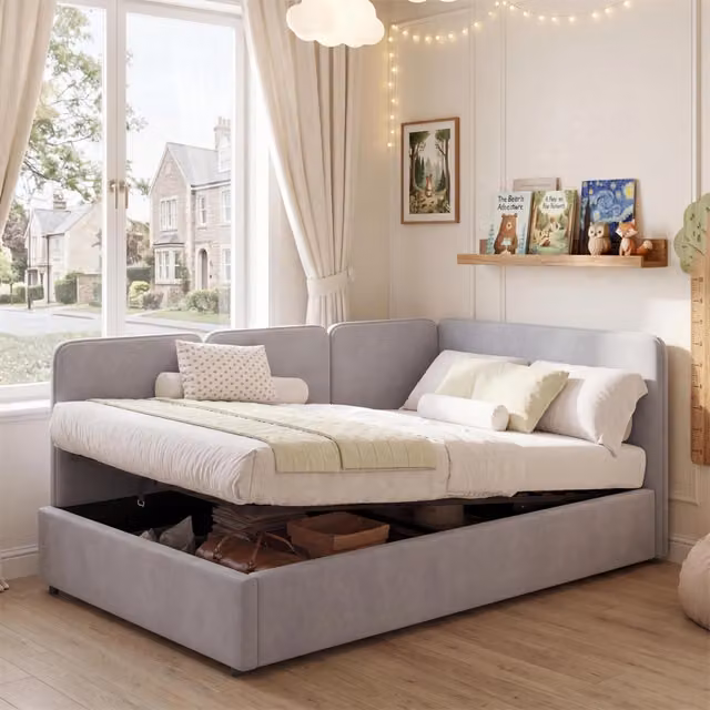 Letto singolo 90x200 con contenitore, divanetto letto reversibile sinistro o destro, imbottito in velluto grigio