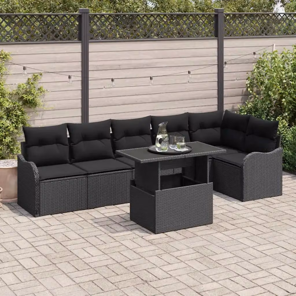 vidaXL Set Divano da Giardino a L 7 Pezzi Nero con Tavolino e Cuscini in Rattan e Acciaio – 1