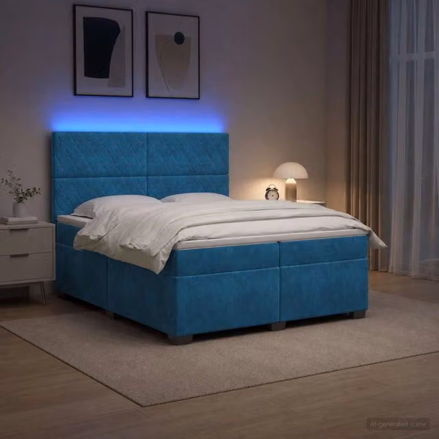 Letto box spring con materasso vidaXL in velluto blu con base a sollevamento, porte USB e illuminazione sottostante, L/P: 200 x 200 cm – 1
