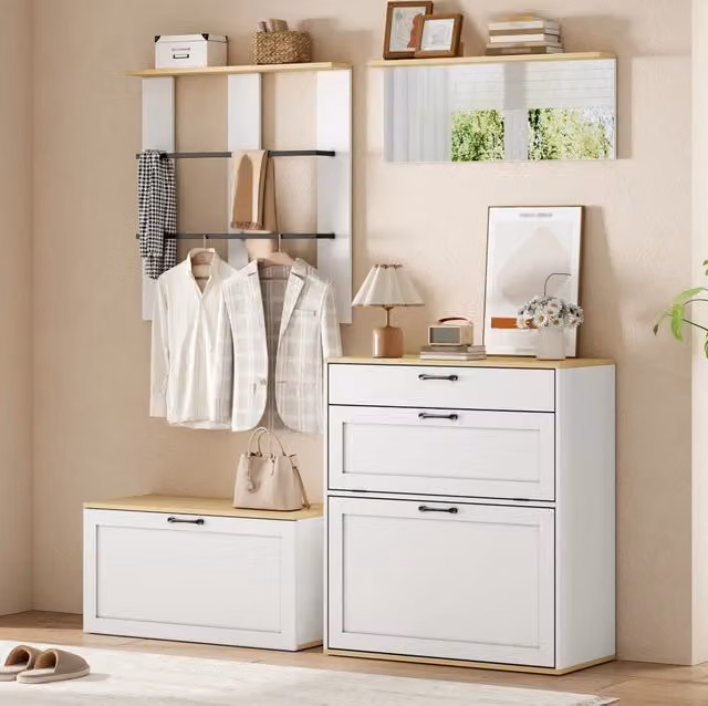 Set guardaroba modulare 156x36x176 cm in MDF e truciolare Bianco e legno