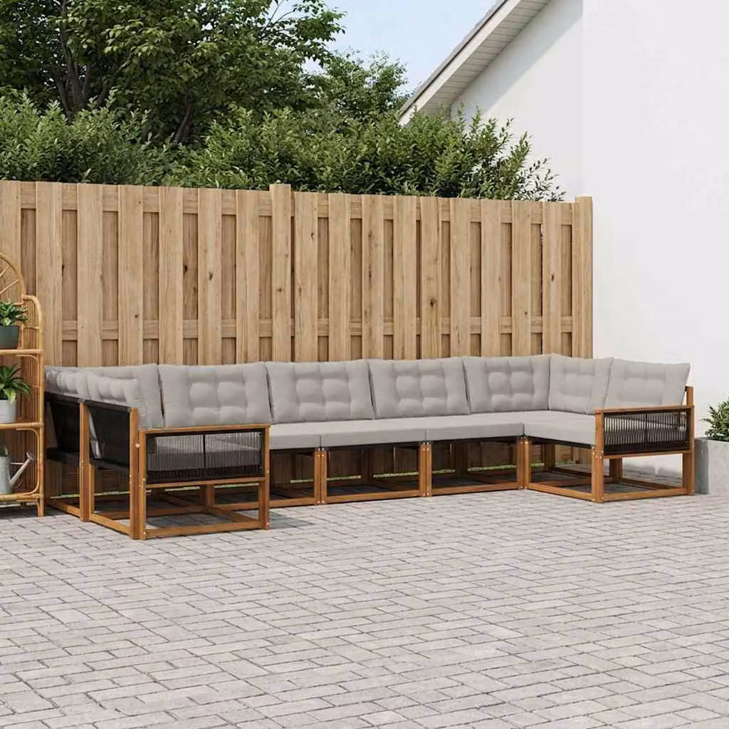 Set di divani da esterno vidaXL a forma di U composto da 7 pezzi in legno di acacia e tessuto textilene, colore beige e grigio