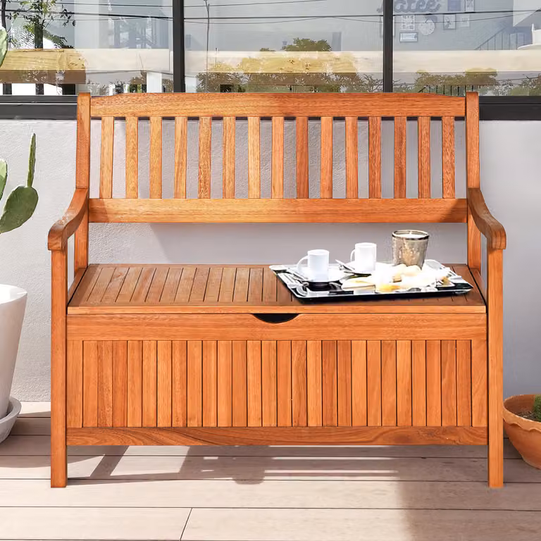 Panchina contenitore in legno Costway per esterno e ingresso, colore marrone con vano porta cuscini rimovibile