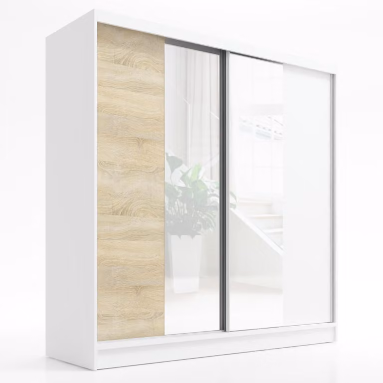 Armadio a porte sospese, a 2 ante con specchio SOLO 200 (Bianco, Bianco, Sonoma)