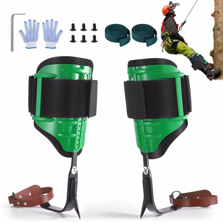 Spine per l'arrampicata sugli alberi - Attrezzatura per l'arrampicata sugli alberi - Acciaio inossidabile - Altezza regolabile da 43 a 50 cm - Capacità di carico: 150 kg - 3 cinghie di fissaggio - Verde chiaro