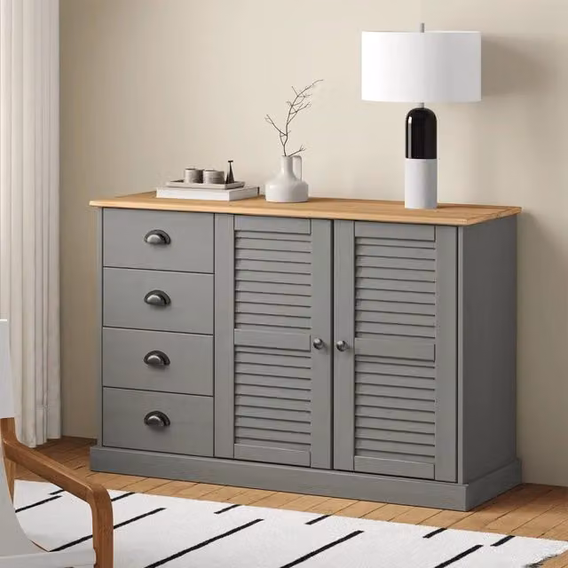 Credenza Cassetti VIGO 113x40x75 cm Legno Massello Pino Grigio 353189