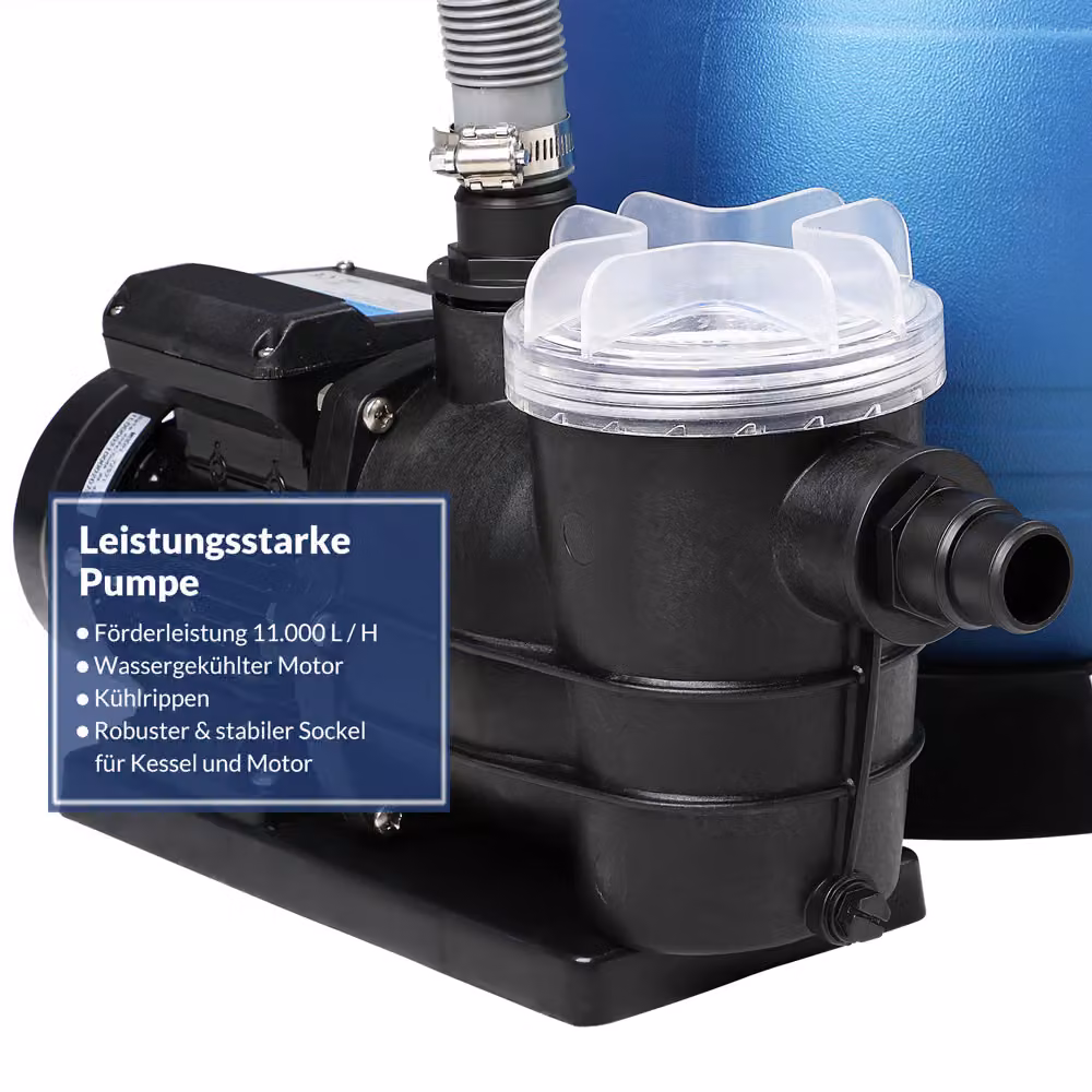 Sistema di filtraggio a sabbia Monzana con prefiltro, blu e nero, portata 11000 l/h – 2