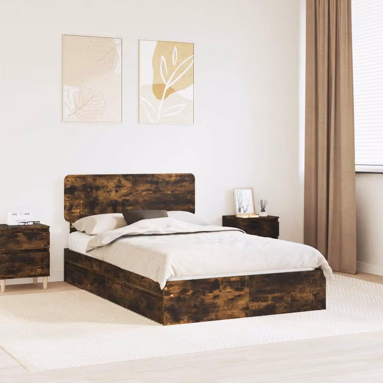 Letto con contenitore vidaXL in legno color rovere fumo L: 138 cm, P: 196 cm, H: 90 cm