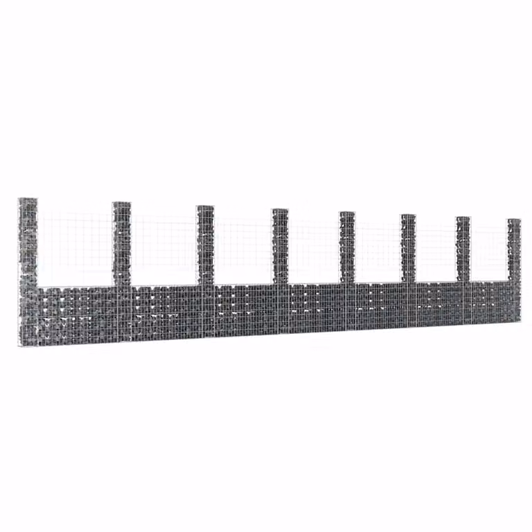vidaXL Gabbione a U in metallo grigio con 8 pali in ferro L: 860 cm, P: 20 cm, H: 200 cm