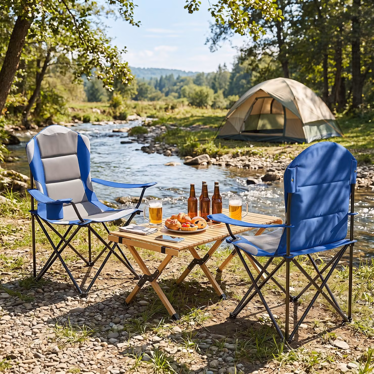 Set di 2 sedie da campeggio pieghevoli Costway in metallo blu con schienale alto e portabicchiere, portata massima 150 kg