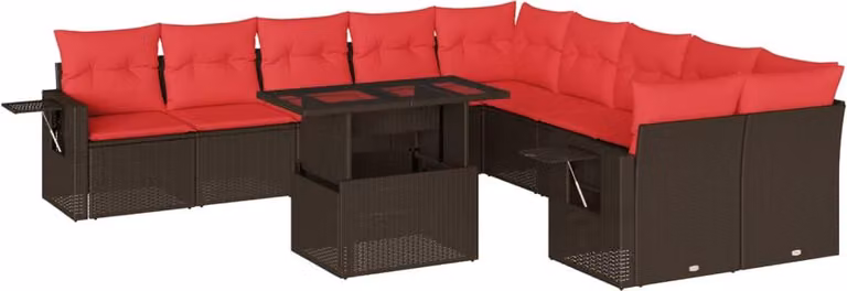 Set Divani da Giardino 11 pz con Cuscini Marrone in Polyrattan