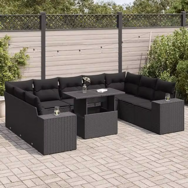 Set di Divani da Giardino a Forma di U con Tavolino da Caffè vidaXL, 10 Pezzi, Colore Nero