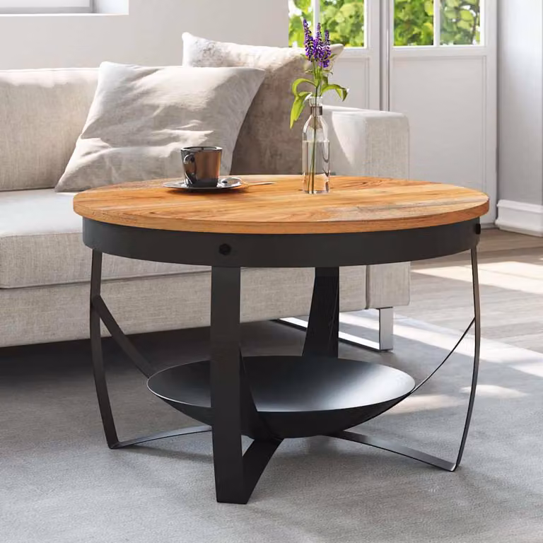 vidaXL Tavolino da Salotto Rotondo in Legno di Acacia e Metallo, Marrone, Ø 68 x H 43 cm