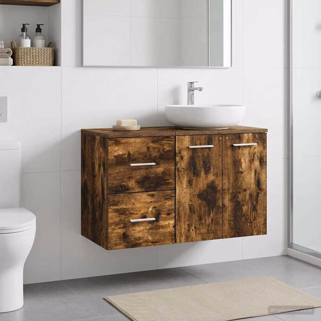 Armadio da bagno moderno vidaXL In-between in rovere fumo marrone con ante a battente e cassetti, L: 30 cm, P: 41 cm, H: 50 cm