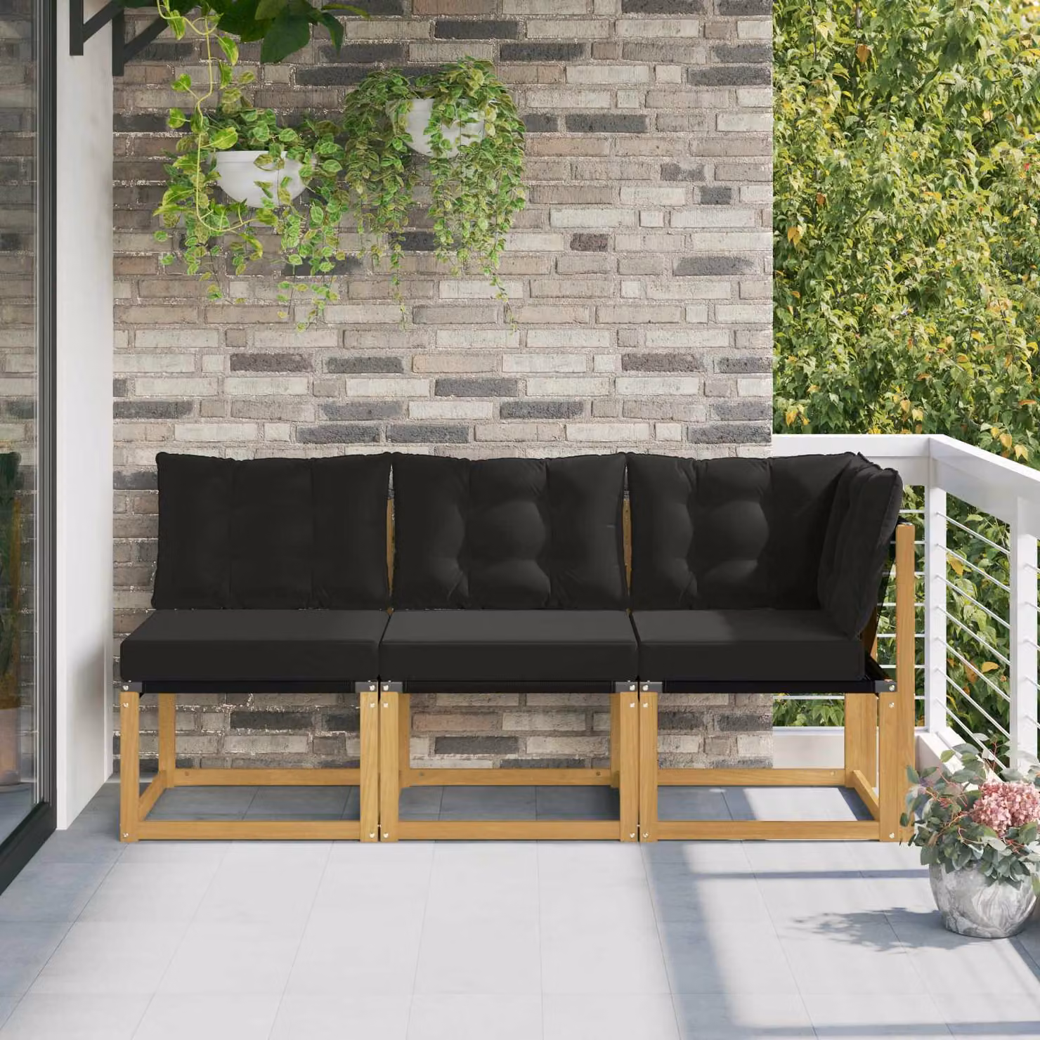 Set di divano modulare da esterno e angolare vidaXL in legno di acacia con cuscini bianchi e rivestimento in textilene