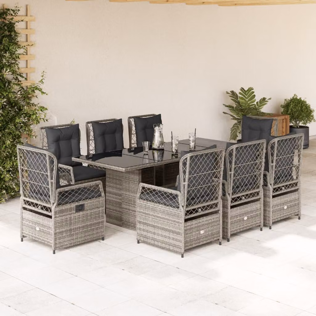 vidaXL Set da Pranzo da Giardino 9 pz in Polyrattan Grigio con Piano in Vetro