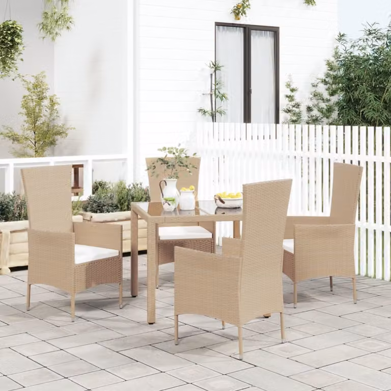 Set di 4 sedie da giardino vidaXL in polyrattan e legno di acacia con cuscini beige e bianchi