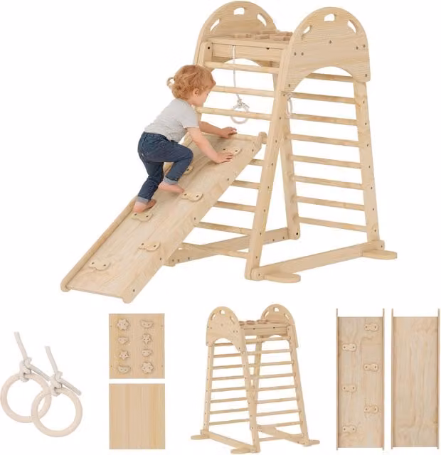 Triangolo di Arrampicata Montessori 6 in 1 ¨C Xylo ¨C Legno Naturale con Scivolo e Anelli