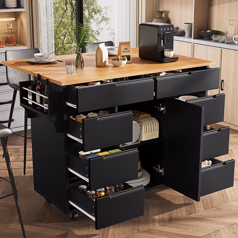 Isola da cucina MODFU con piano di lavoro estensibile, carrello di servizio con 8 cassetti, carrello da cucina con ruote e freno, scaffale per spezie, colore nero, dimensioni 111 x 40 x 91,5 cm