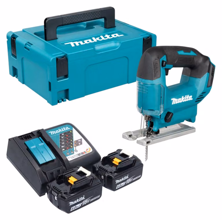 Seghetto alternativo a batteria Makita DJV 186 RGJ 18 V + 2 batterie da 6,0 Ah + caricabatterie + Makpac